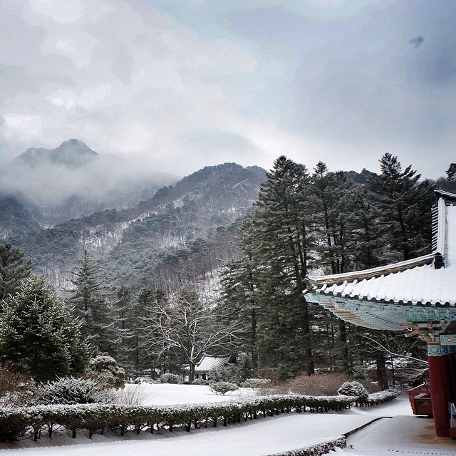 Свеж снеговалеж над храма Pohyon в планините Myohyang на Северна Корея.
